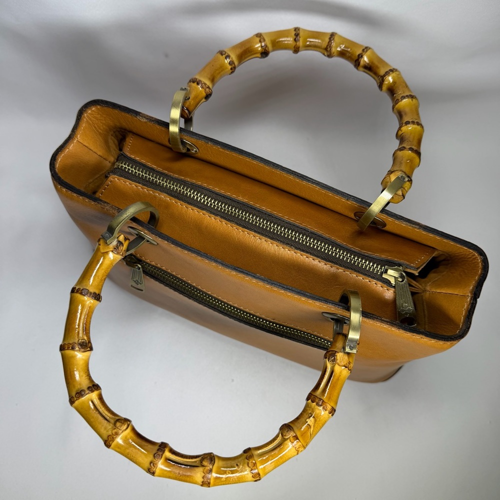 Patricia Nash Leather Satchel Bamboo Top Double Handles Firm Cognac Brown SEE - Picture 7 of 16